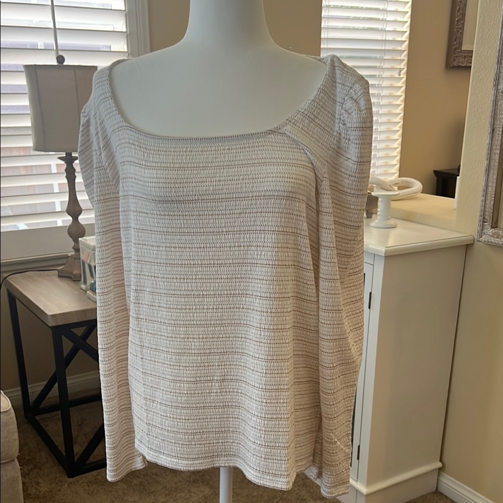 LOFT Cream Long Sleeve Ribbed Blouse